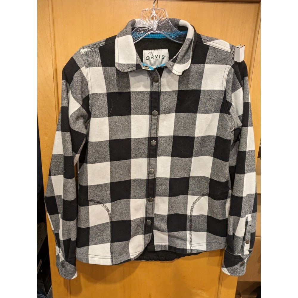 Orvis Women Jacket‎ Small Black White Check Plaid Shacket Fleece Snap Collar